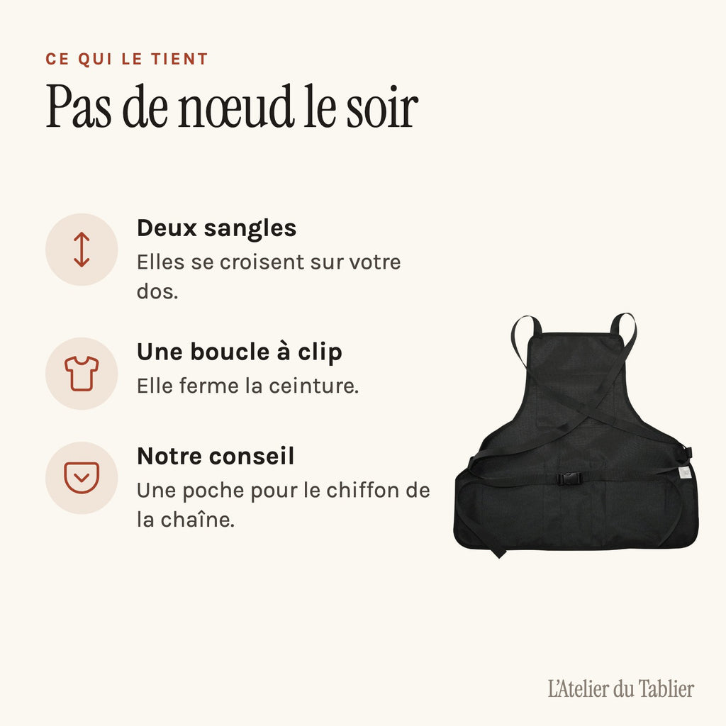 Tablier atelier vélo porte-outils, à rangée de poches, vu de dos, bretelles croisées et boucle