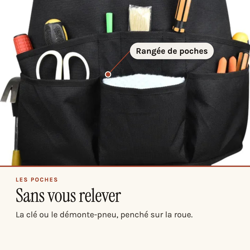 Tablier atelier vélo porte-outils, à rangée de poches, noir, porté, rangée de poches