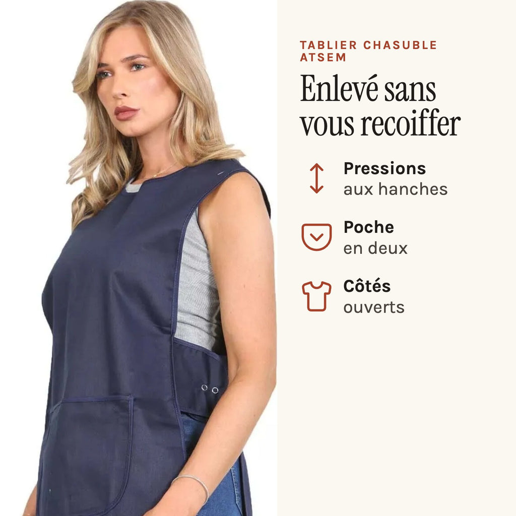 Tablier chasuble ATSEM, à enfiler sans passer par la tête, bleu marine, porté de profil