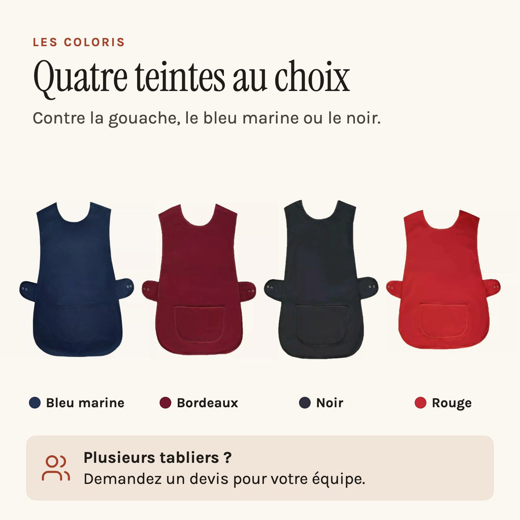 Tablier chasuble ATSEM, à enfiler sans passer par la tête, les quatre teintes