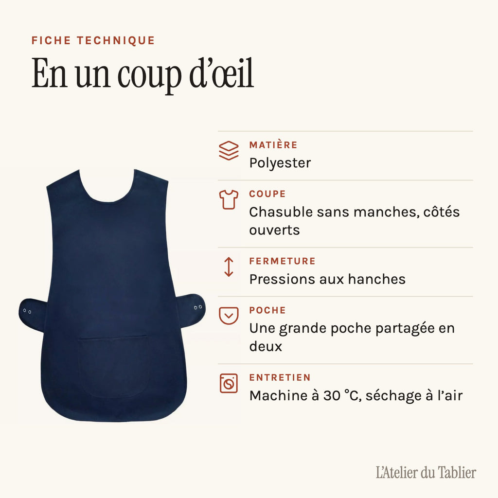 Tablier chasuble ATSEM, à enfiler sans passer par la tête, fiche technique
