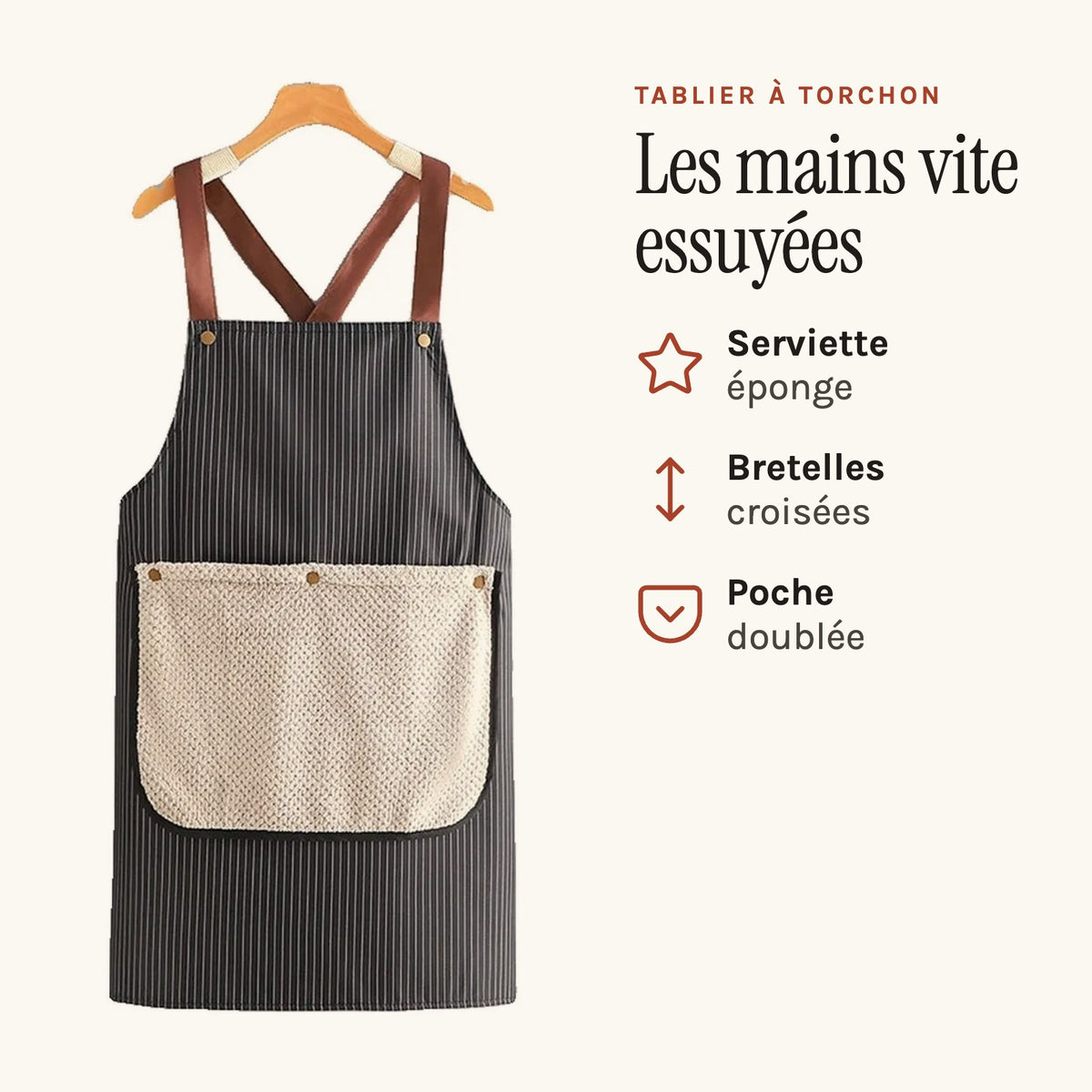 Tablier avec torchon intégré, rayé, à bretelles croisées, noir rayé, serviette éponge sur la poche