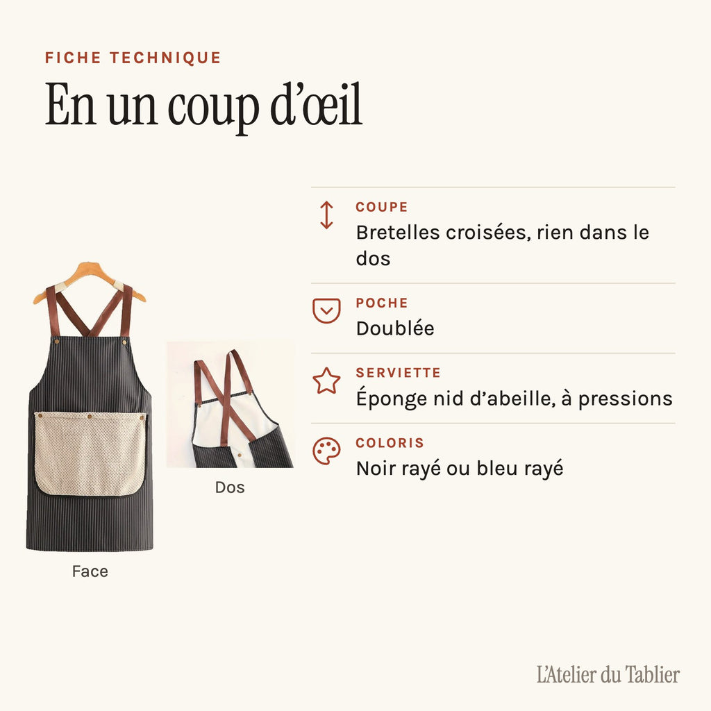 Tablier avec torchon intégré, rayé, à bretelles croisées, fiche technique