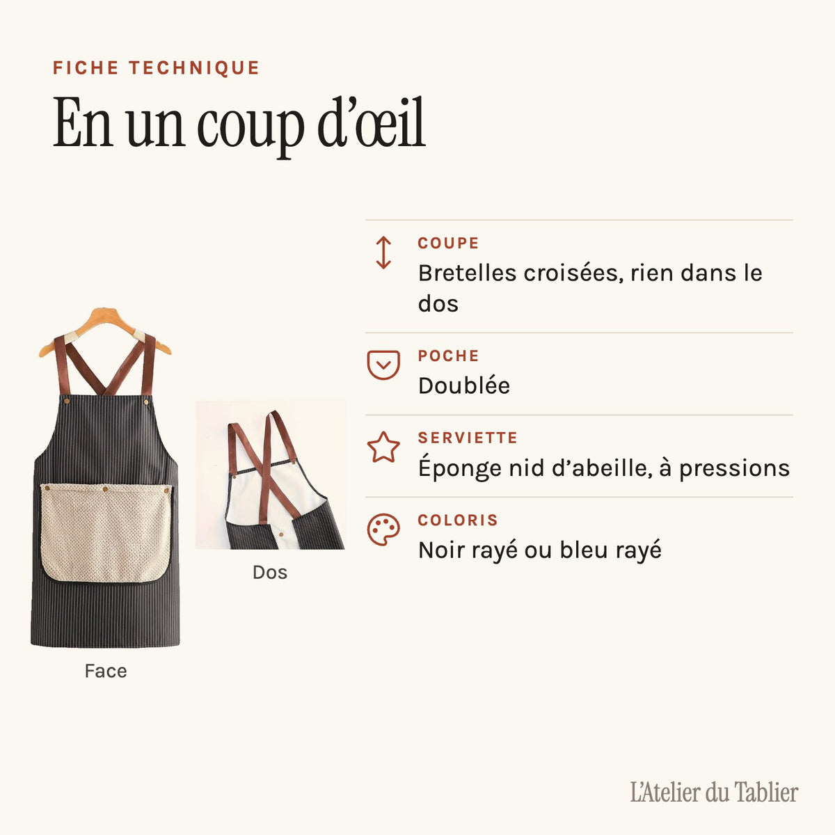 Tablier avec torchon intégré, rayé, à bretelles croisées, fiche technique