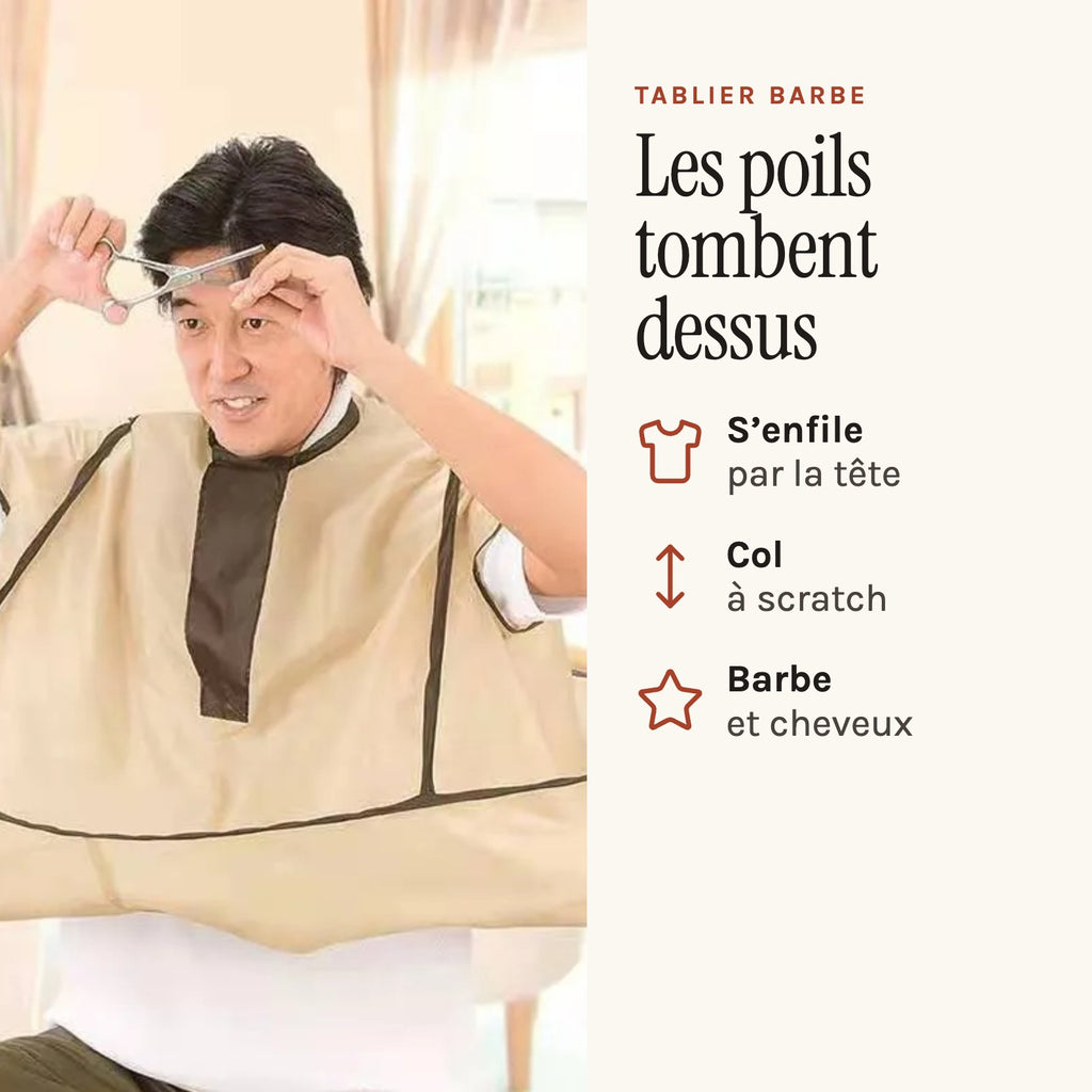 Tablier barbe en cape parapluie, à enfiler par la tête, beige, porté pendant la taille de barbe