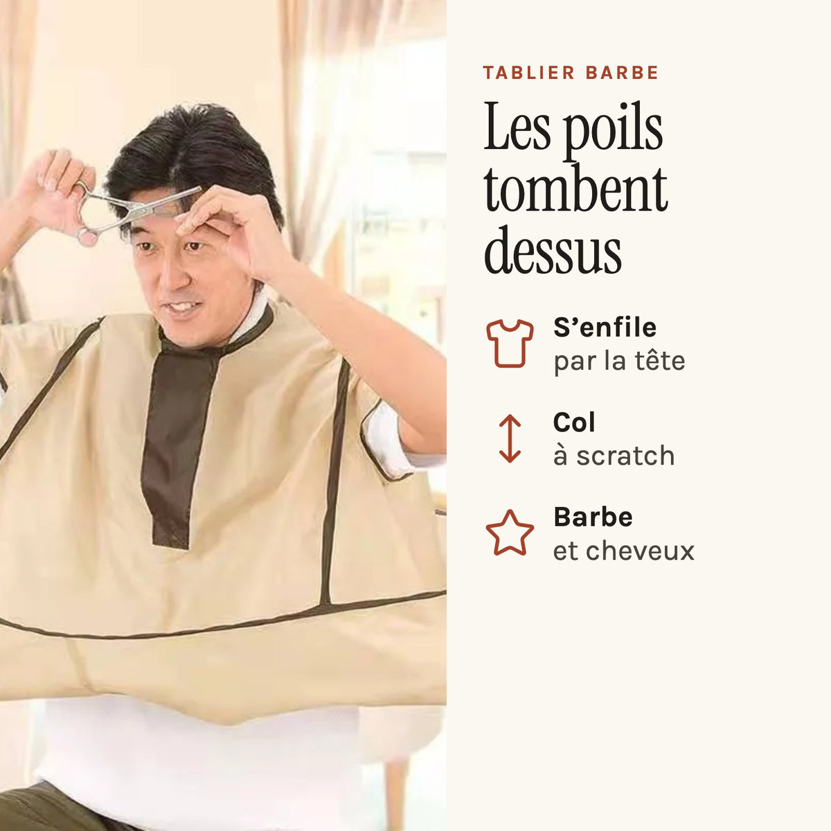 Tablier barbe en cape parapluie, à enfiler par la tête, beige, porté pendant la taille de barbe