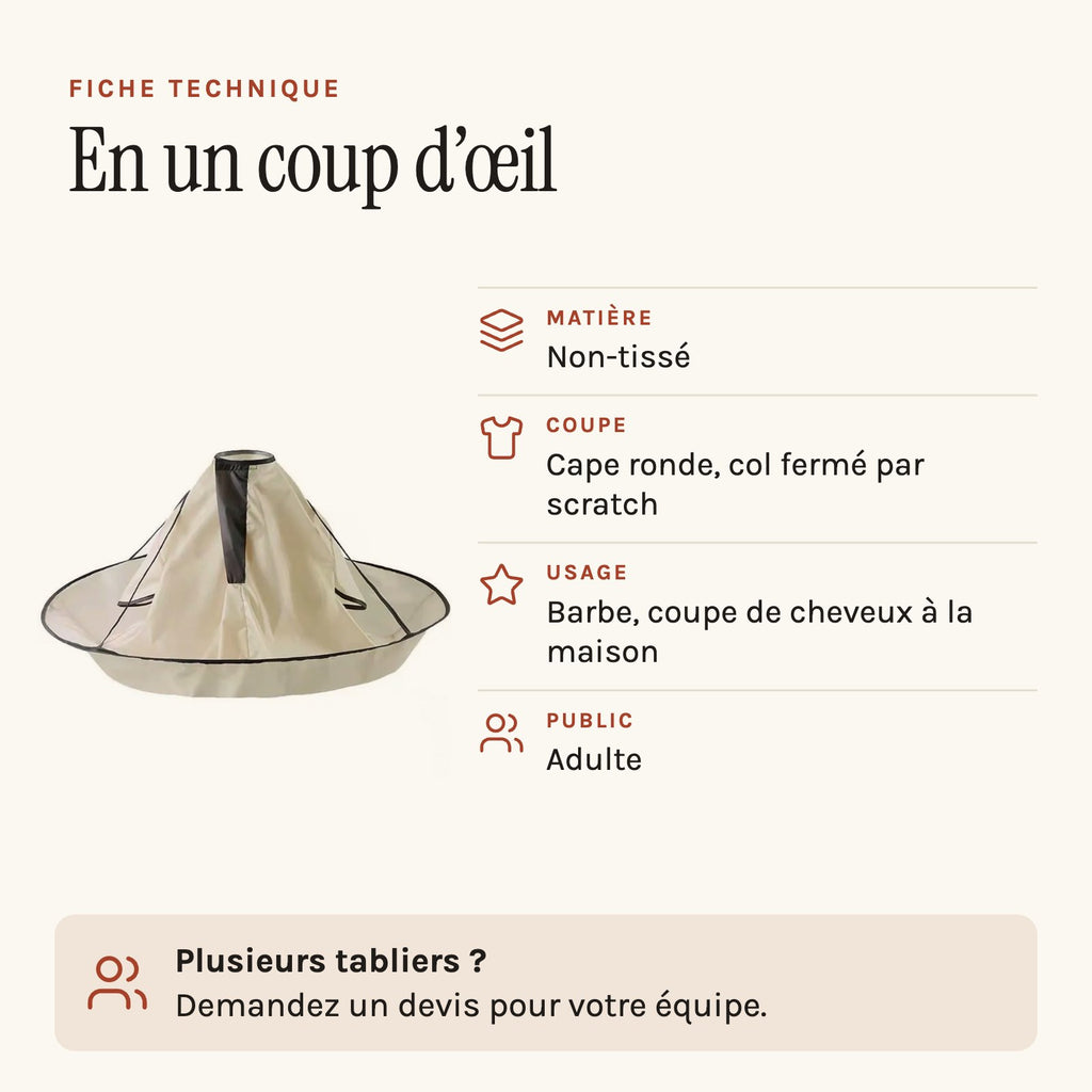 Tablier barbe en cape parapluie, à enfiler par la tête, fiche technique