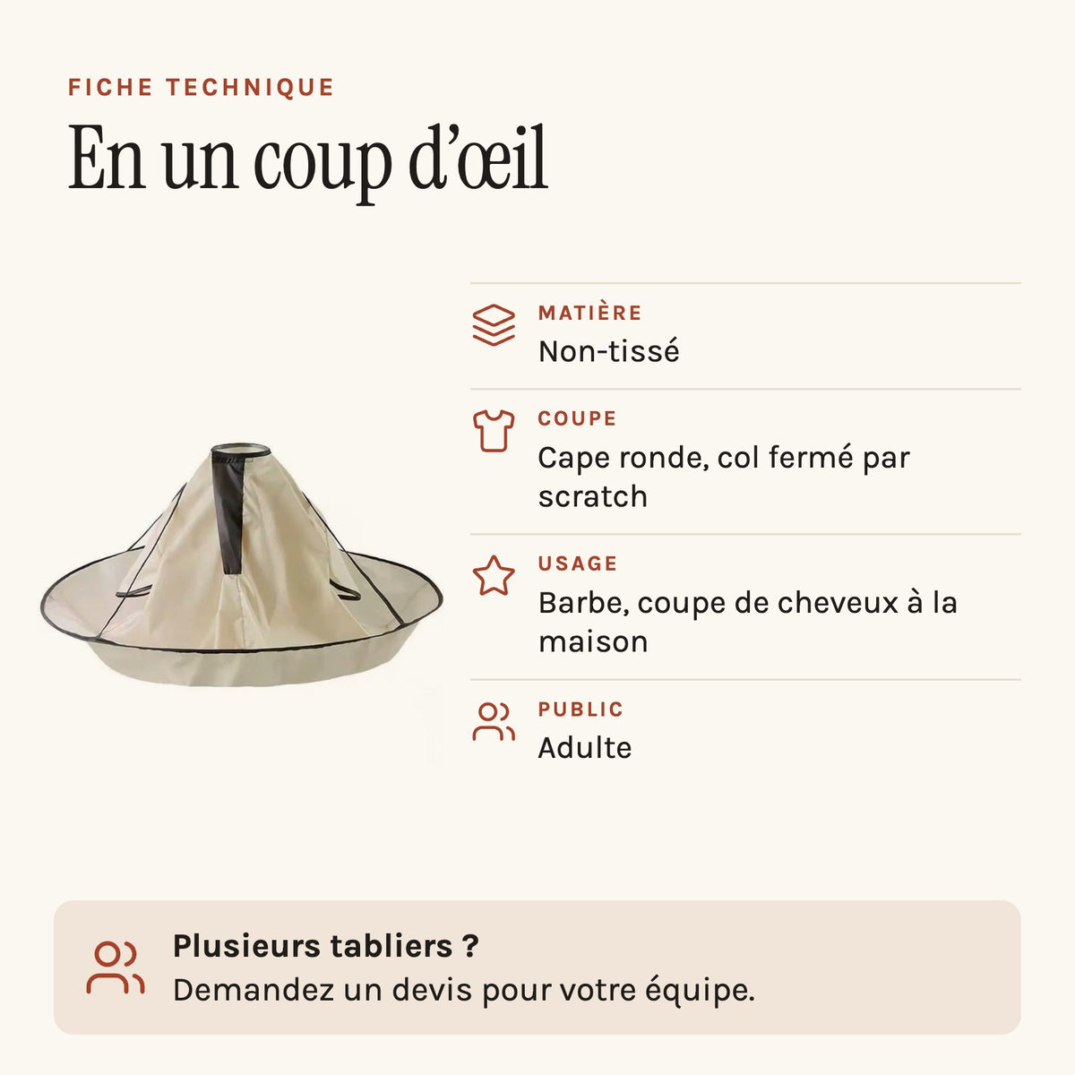 Tablier barbe en cape parapluie, à enfiler par la tête, fiche technique