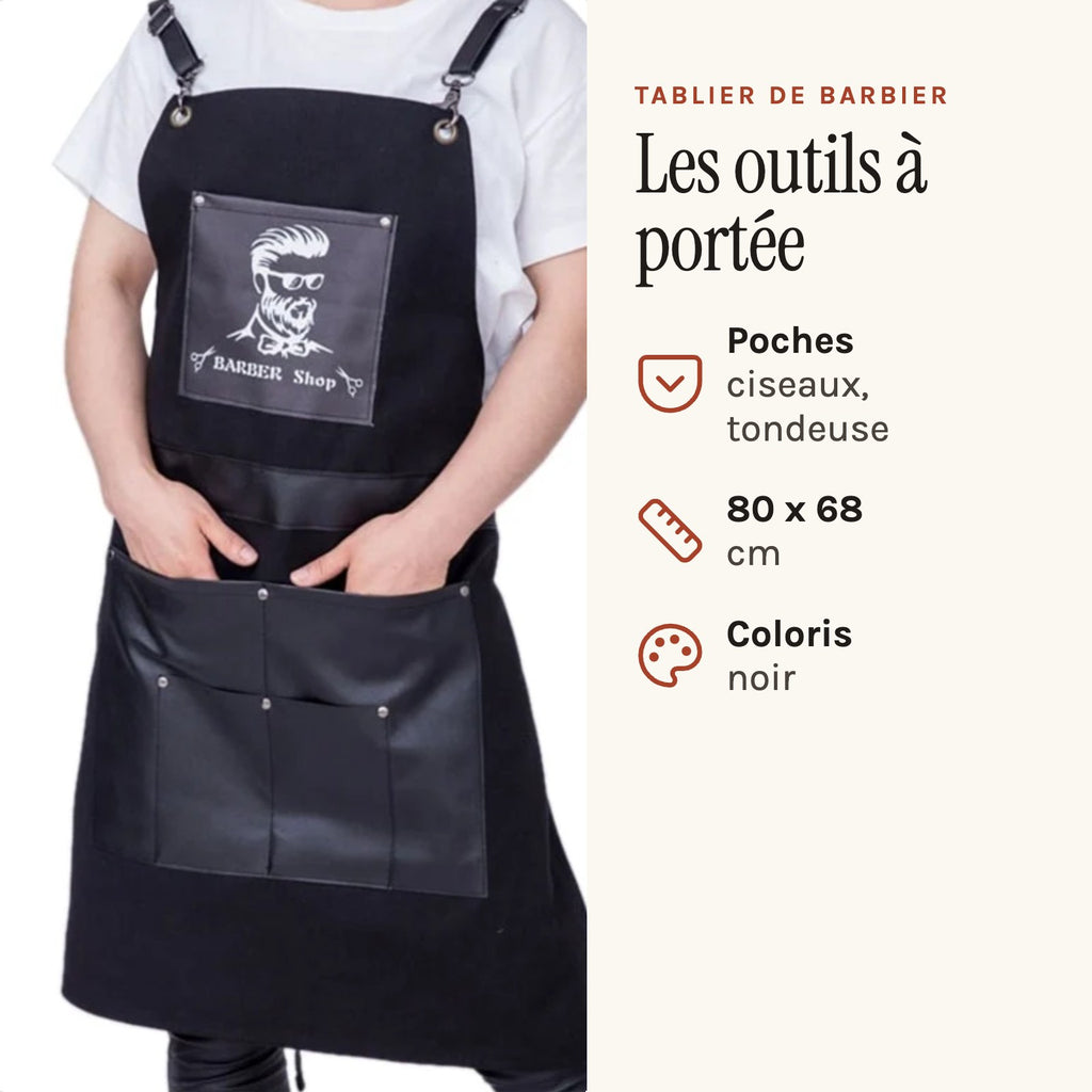 Barberschürze Schwarz mit Taschen, Aufnäher Barber Shop, getragen