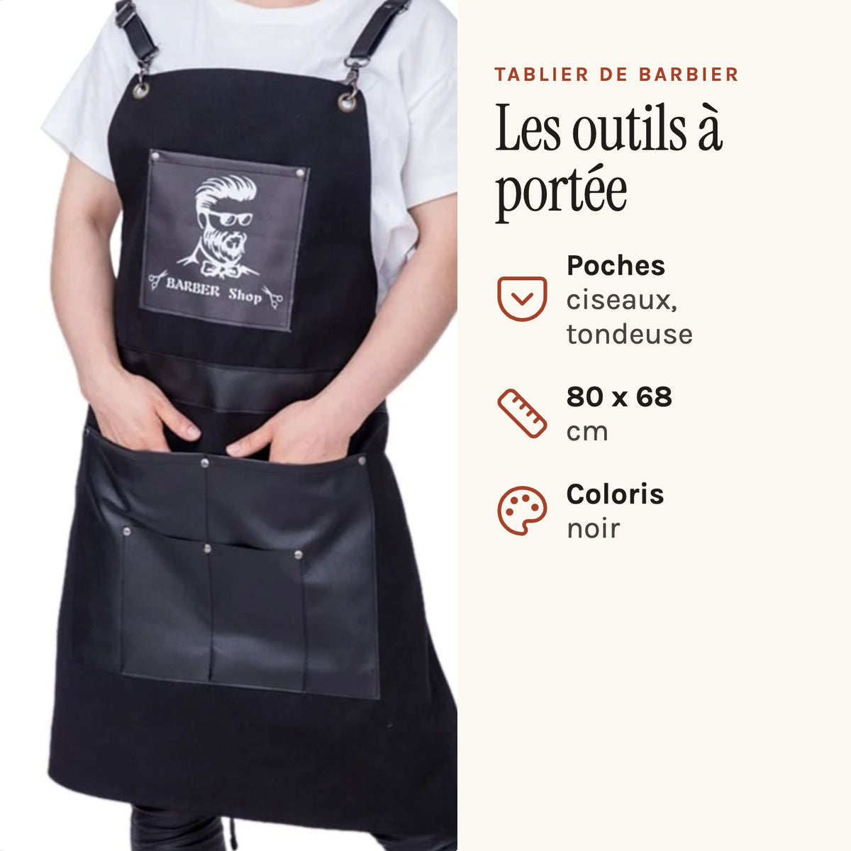 Barberschürze Schwarz mit Taschen, Aufnäher Barber Shop, getragen