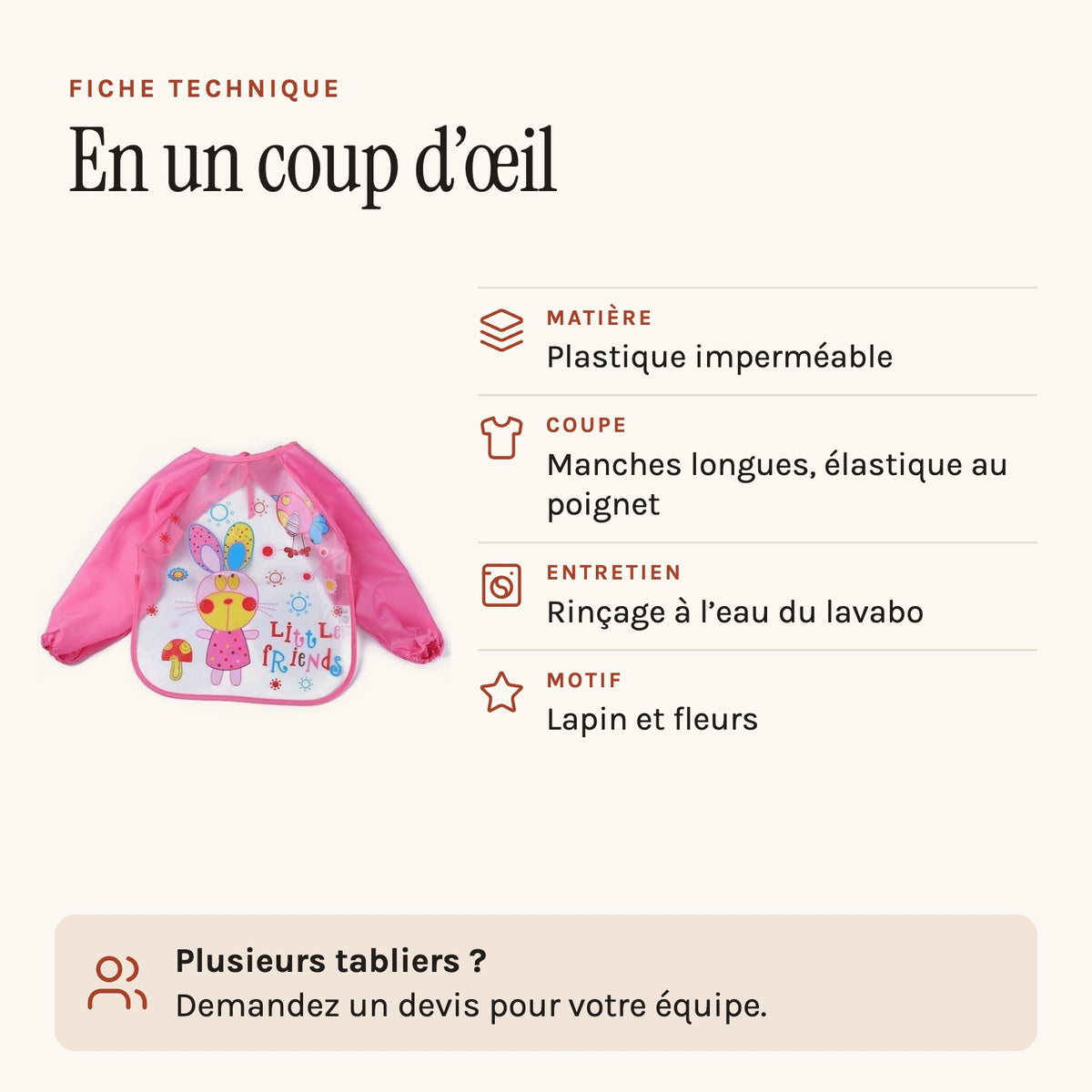 Tablier bavoir bébé rose, fiche technique