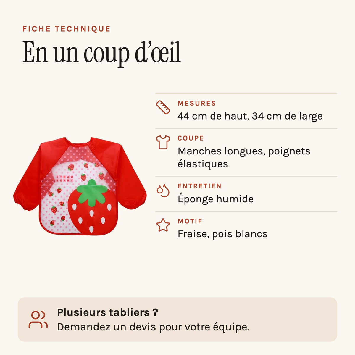 Tablier bavoir à manches longues, fiche technique