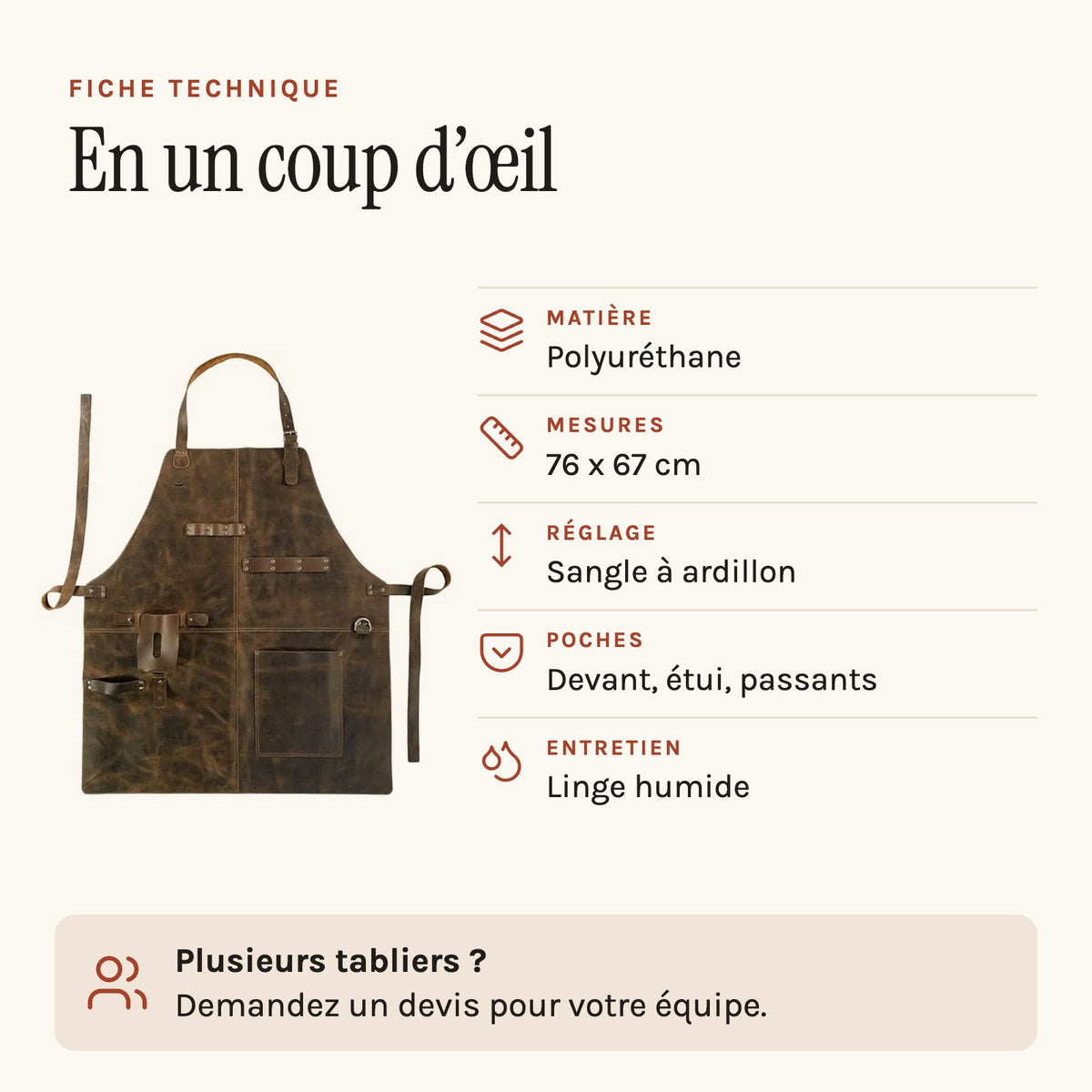 Tablier BBQ équipé, passants à couteaux et étui à bouteille, fiche technique