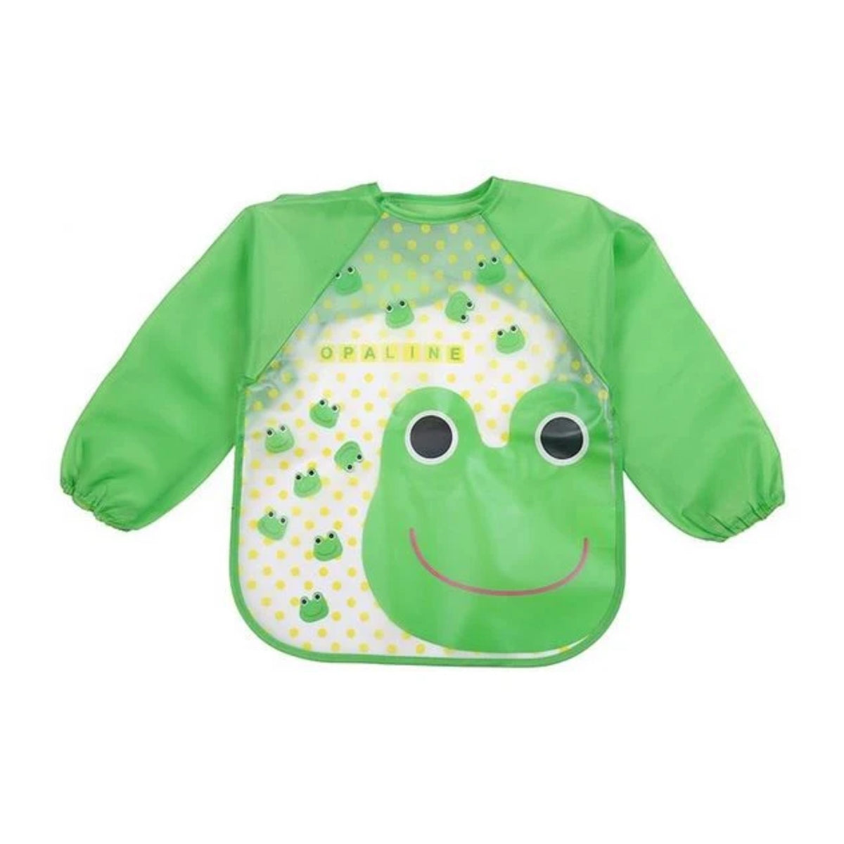 Tablier bébé imperméable, vert, motif grenouille