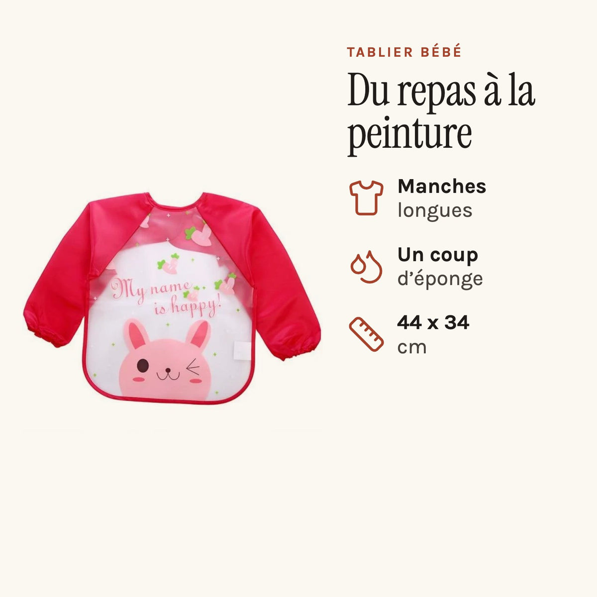 Tablier bébé pour manger à manches longues, 44 x 34 cm