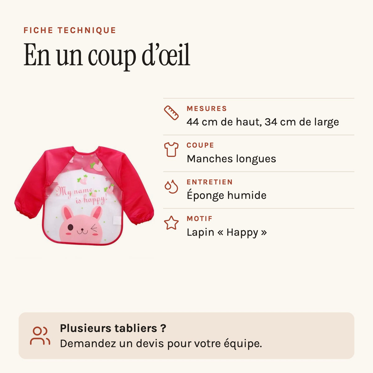 Tablier bébé pour manger à manches longues, fiche technique
