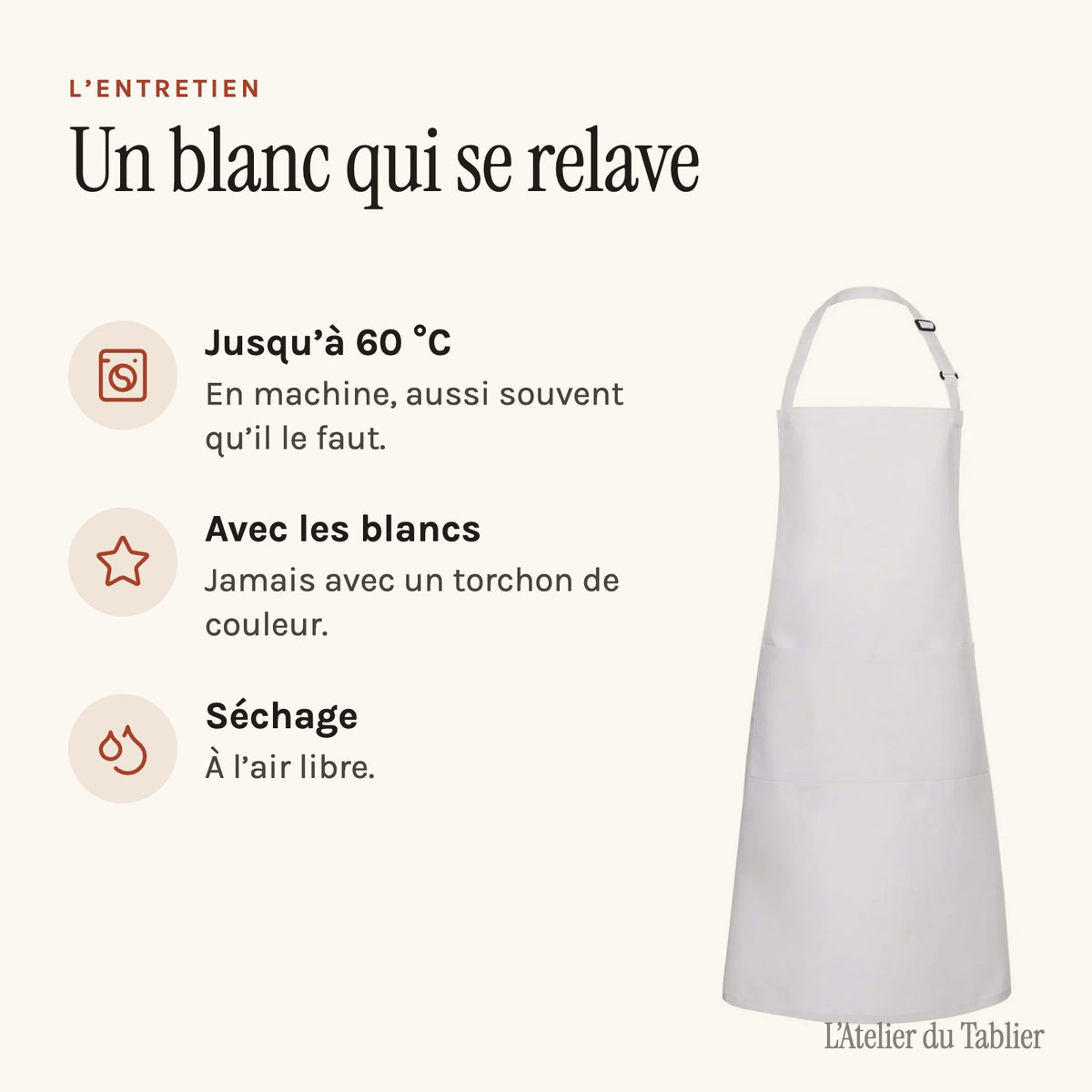 Tablier de Cuisine Blanc, l’entretien