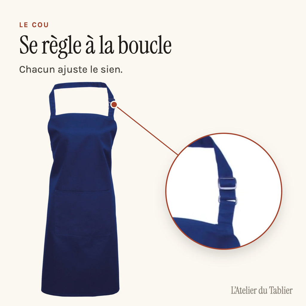 Kochschürze Blau, Halsband mit Schnalle verstellbar