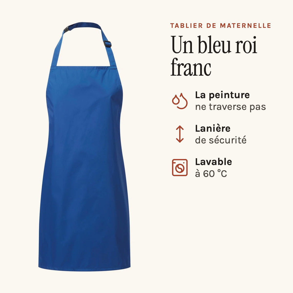 Tablier bleu pour la maternelle, bleu roi