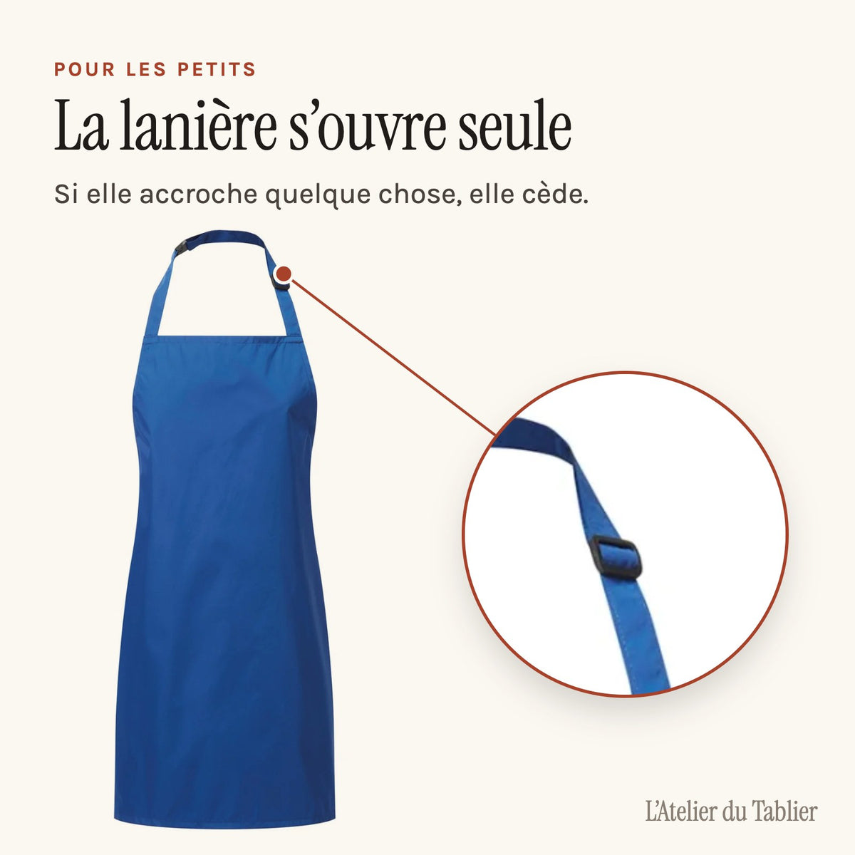 Tablier bleu pour la maternelle, lanière de cou à ouverture de sécurité