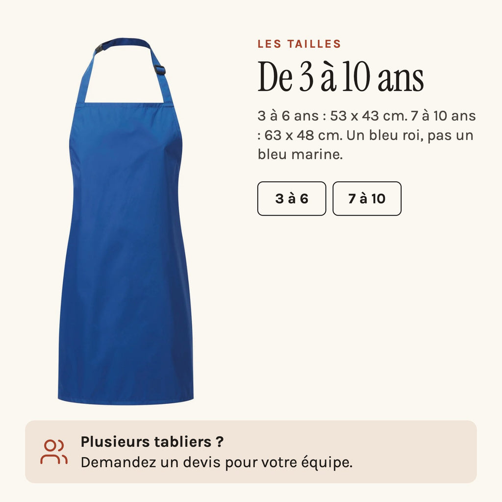 Tablier bleu pour la maternelle, les deux tailles