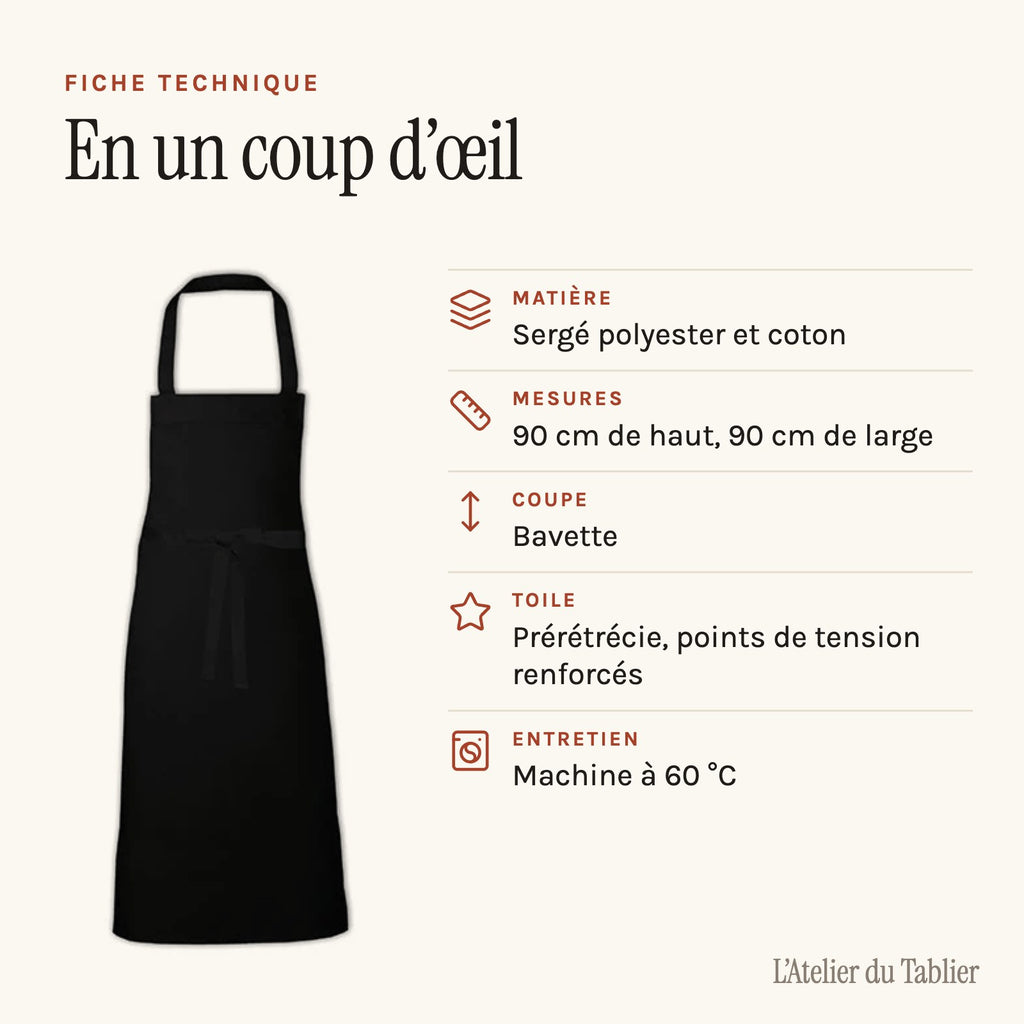 Tablier brasero en sergé épais, grand format, fiche technique