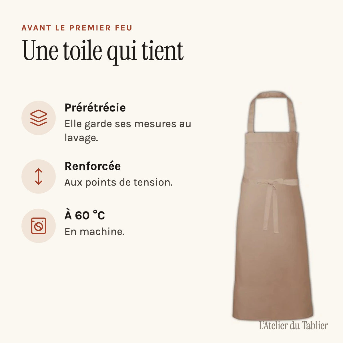 Tablier brasero en sergé épais, grand format, une toile prérétrécie et renforcée