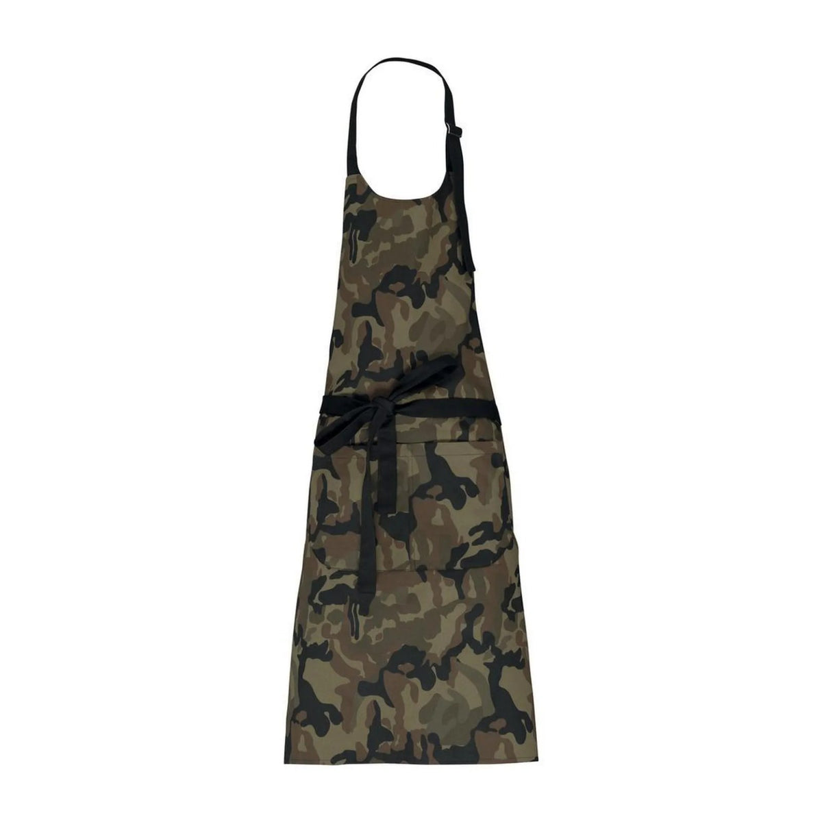 Tablier camouflage à bavette et grande poche, vert olive et noir, de face