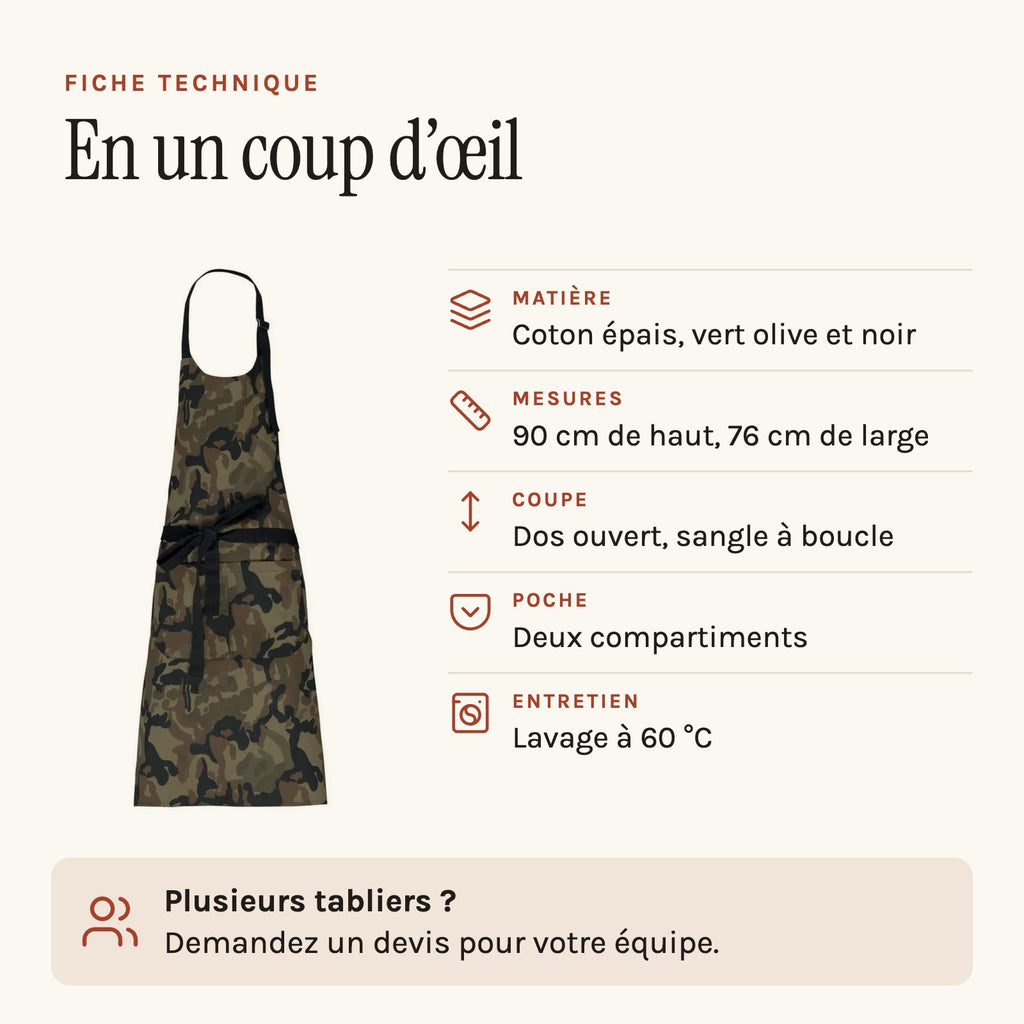 Tablier camouflage à bavette et grande poche, fiche technique