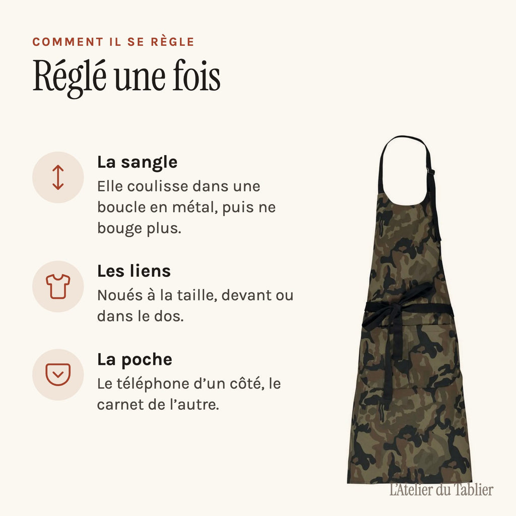 Tablier camouflage à bavette et grande poche, réglage et rangement