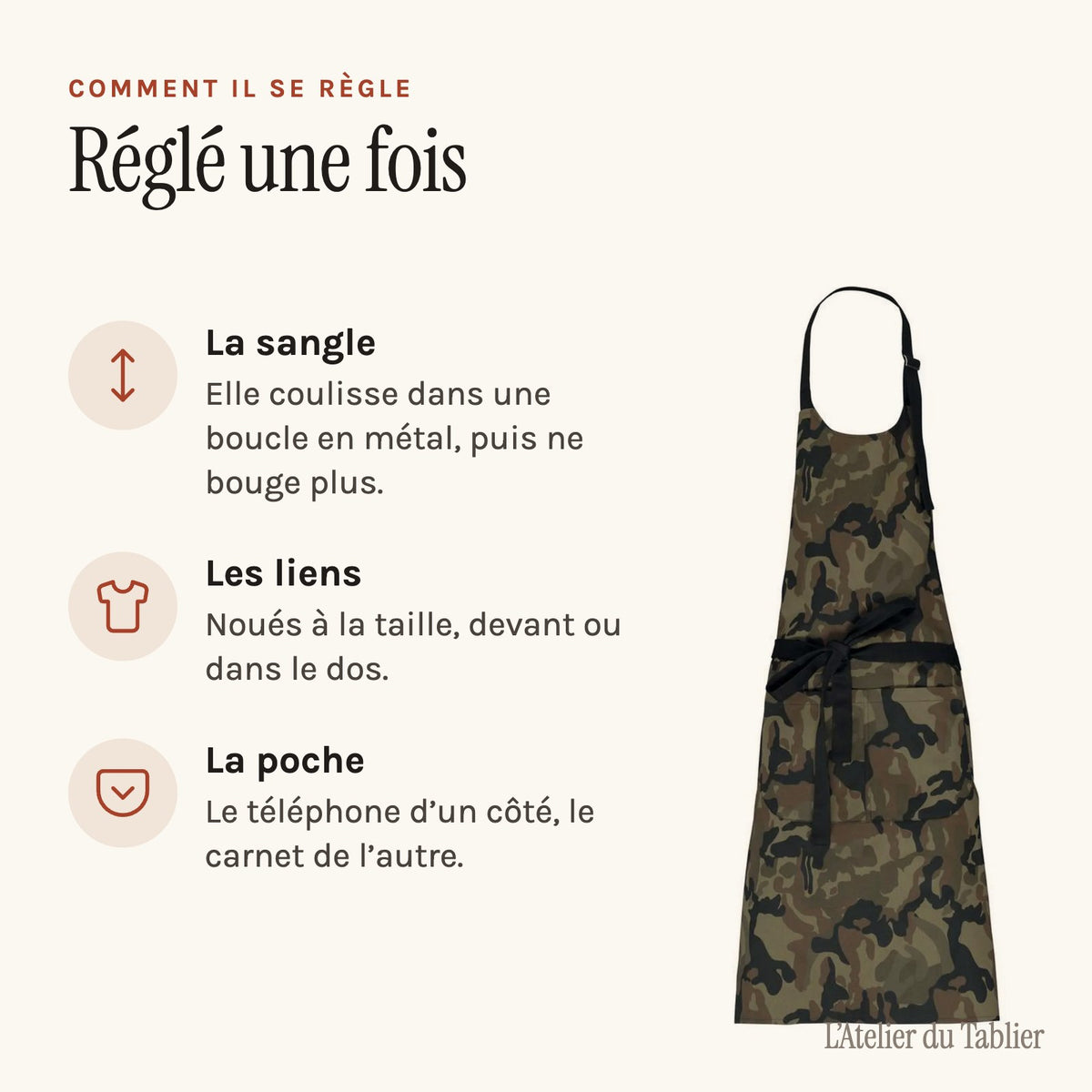 Tablier camouflage à bavette et grande poche, réglage et rangement