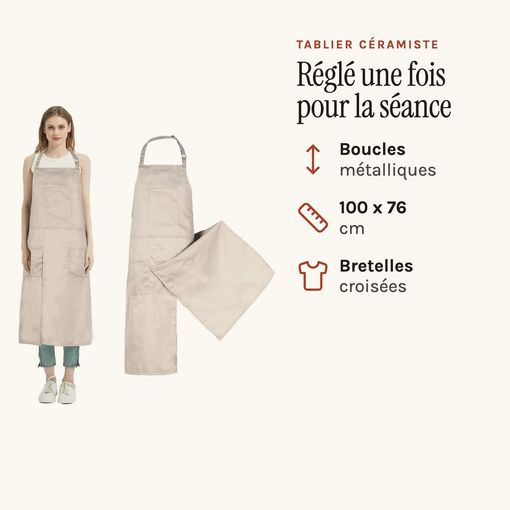 Tablier céramiste réglable, six teintes au choix, beige, porté et à plat