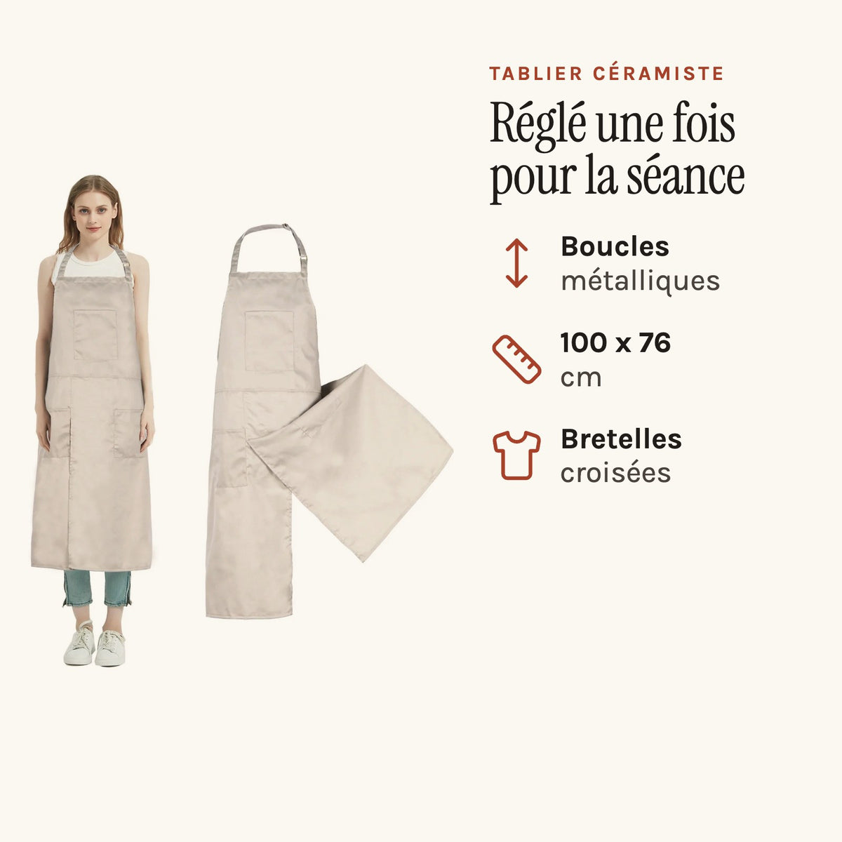 Tablier céramiste réglable, six teintes au choix, beige, porté et à plat