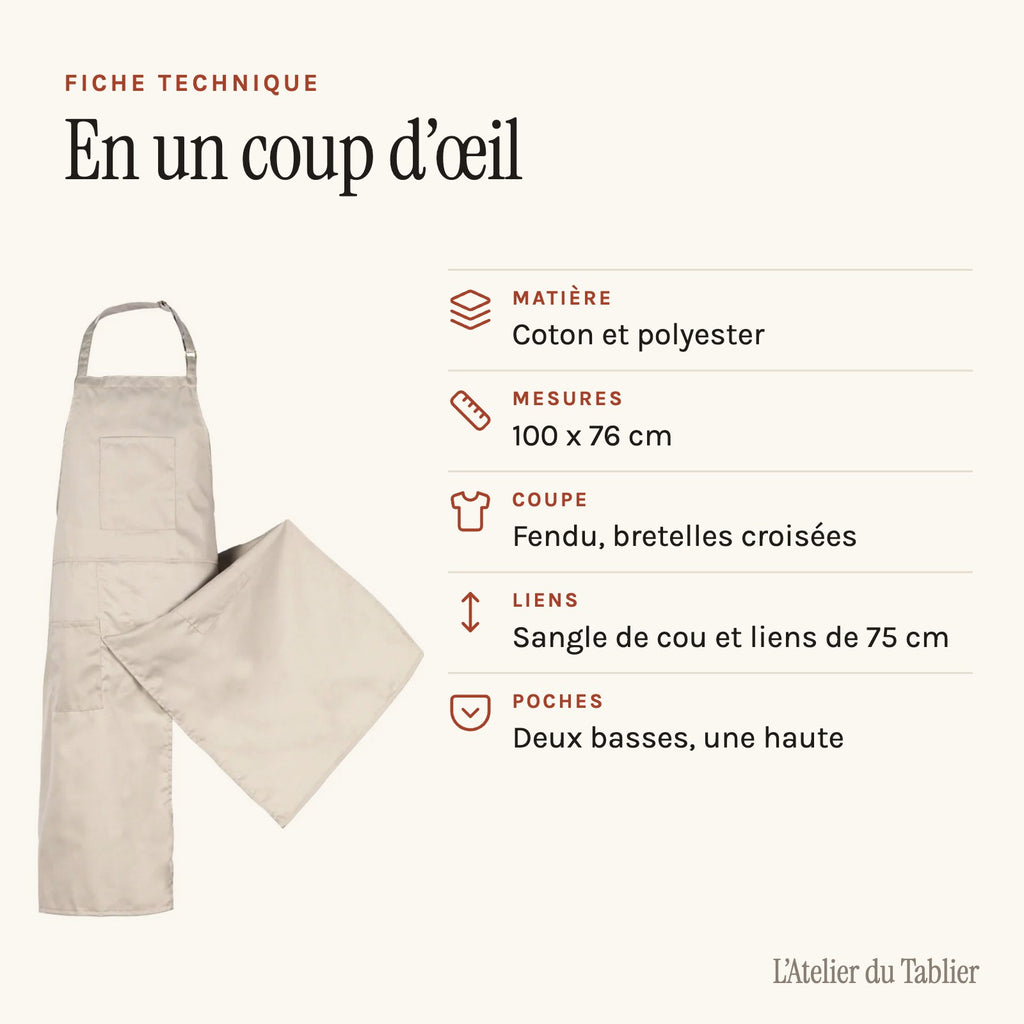 Tablier céramiste réglable, six teintes au choix, fiche technique