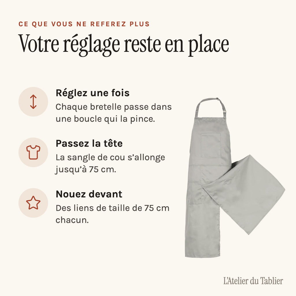 Tablier céramiste réglable, six teintes au choix, gris, réglage des bretelles