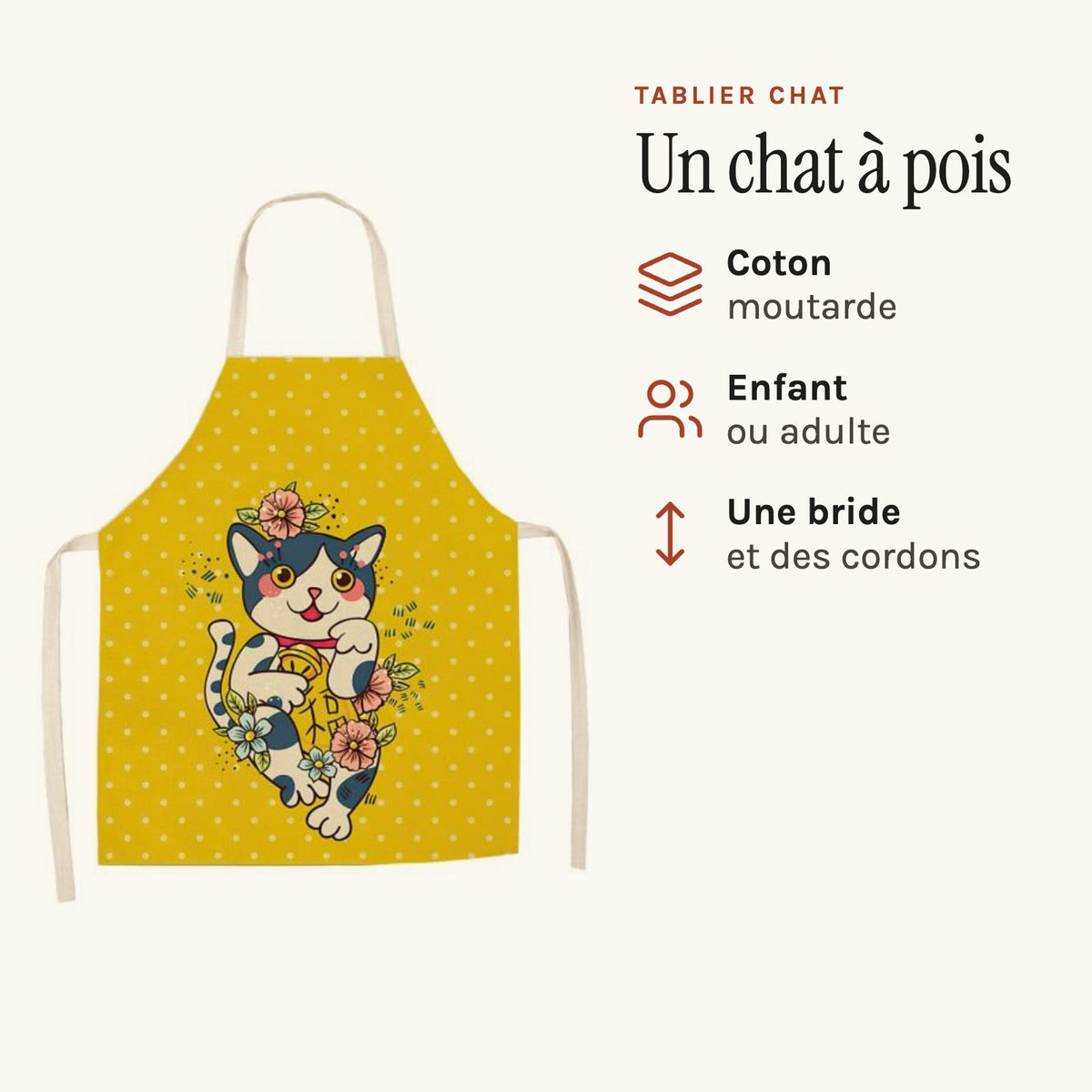 Delantal de cocina con gato amarillo, gato con flores sobre fondo amarillo de lunares