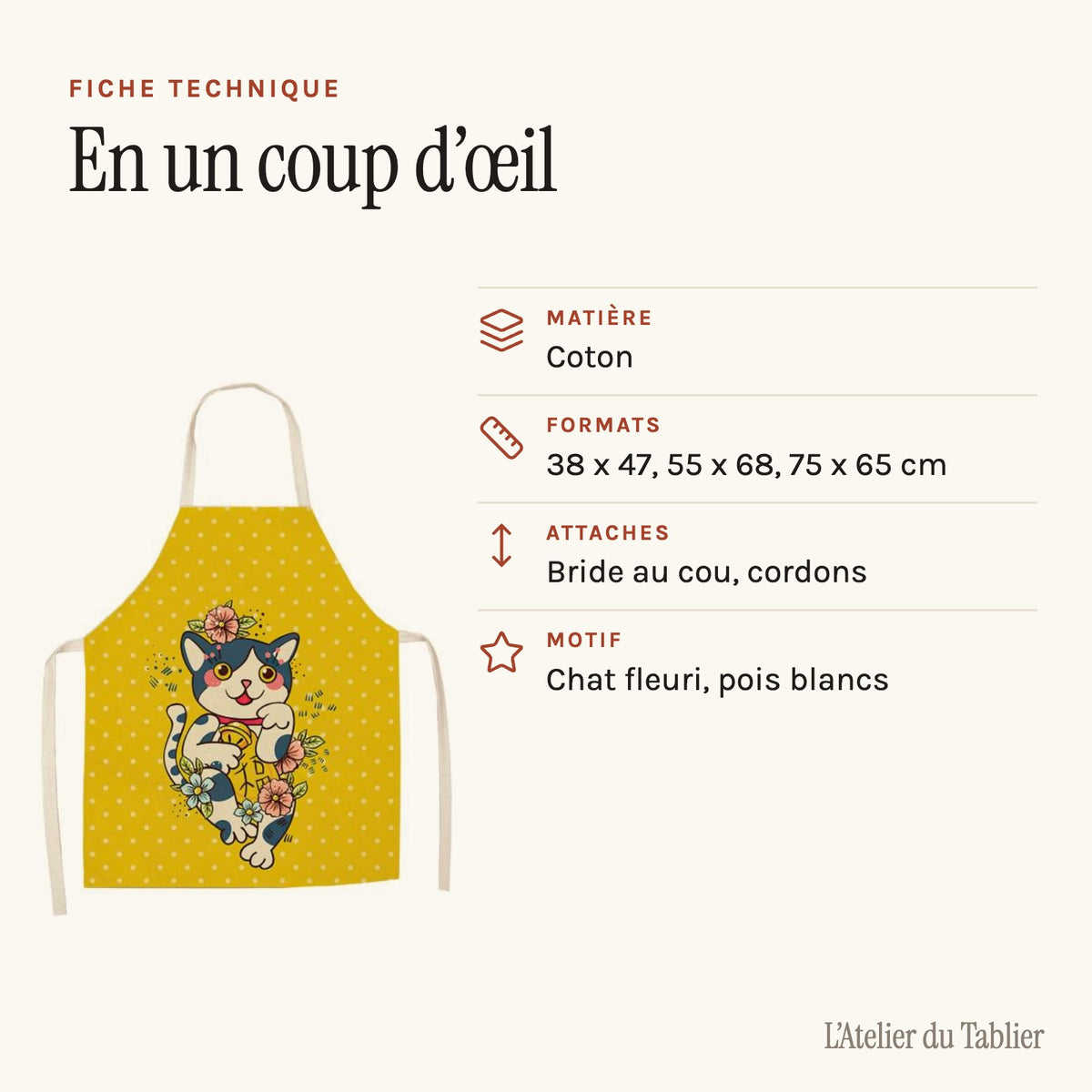 Delantal de cocina con gato amarillo, ficha técnica