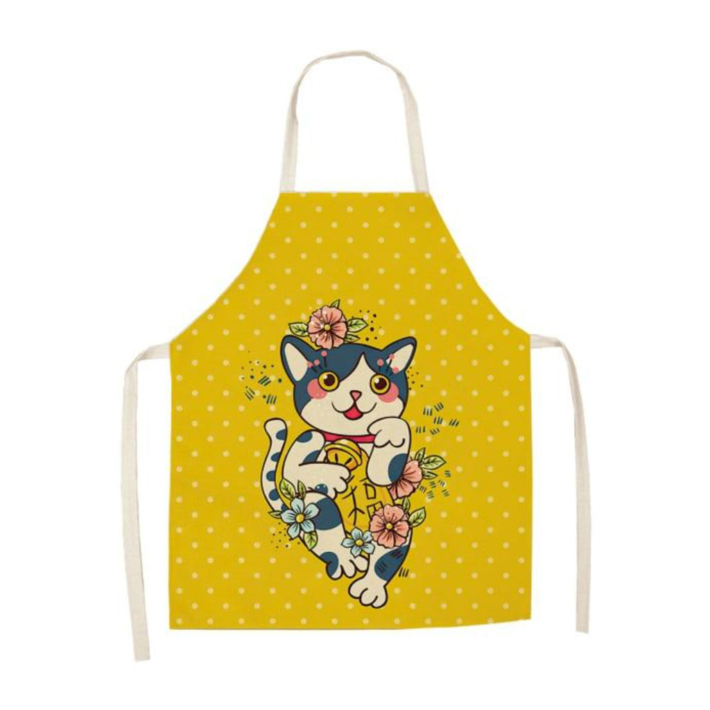Delantal de cocina con gato amarillo, gato con flores sobre fondo amarillo de lunares