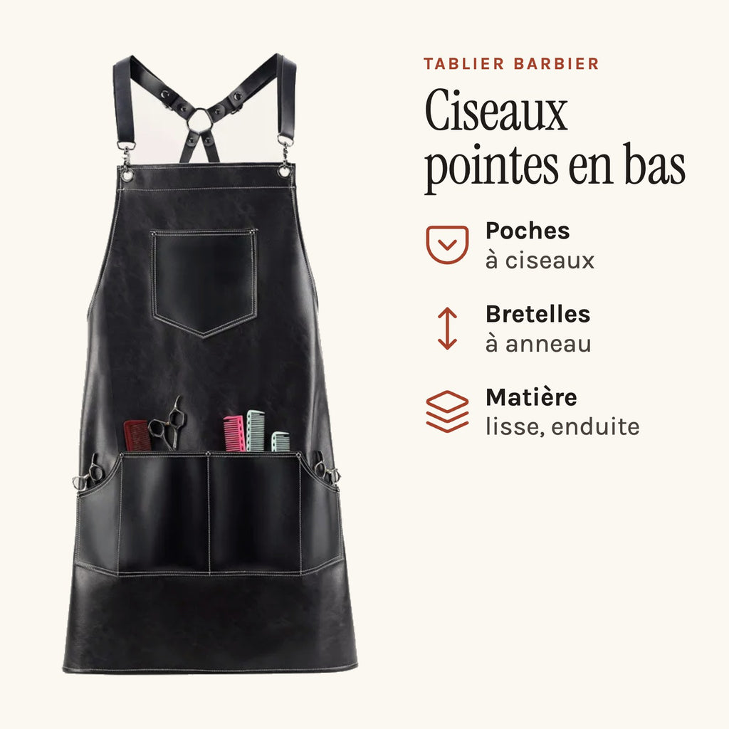 Tablier coiffeur barbier noir, à poches pour ciseaux, poches garnies de ciseaux et peignes