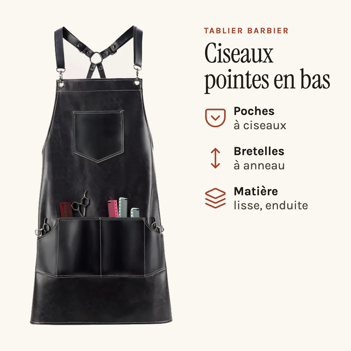Tablier coiffeur barbier noir, à poches pour ciseaux, poches garnies de ciseaux et peignes