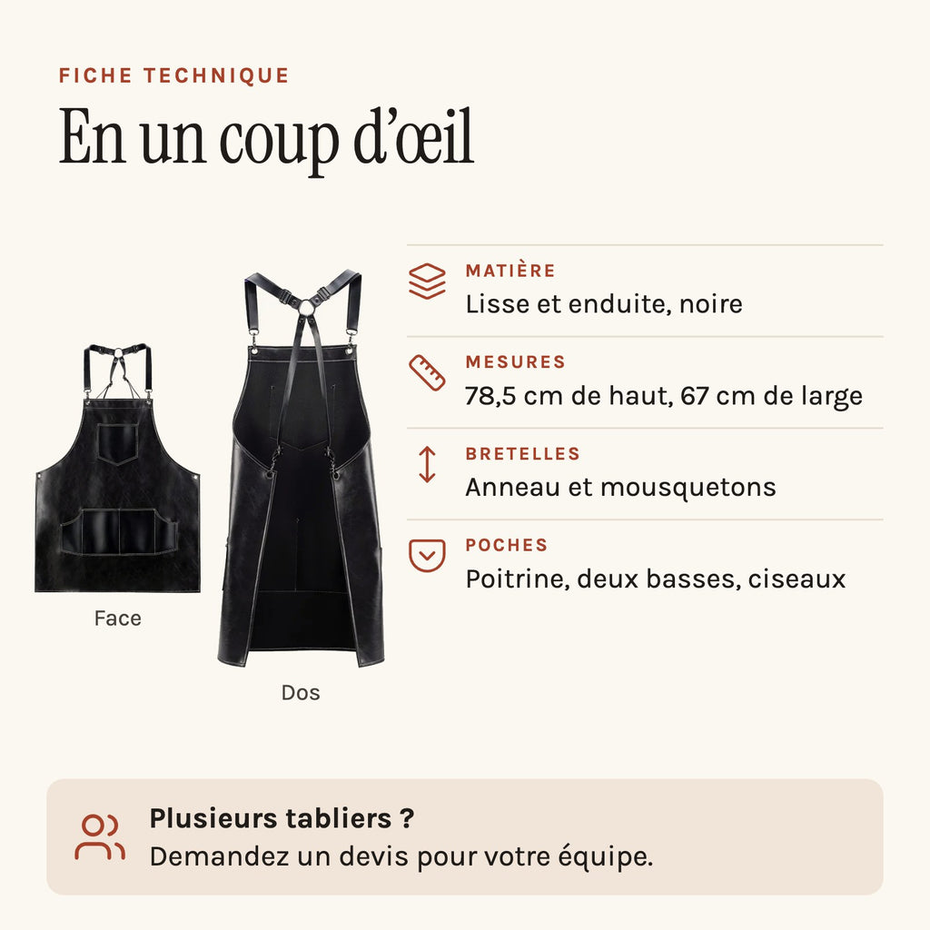 Tablier coiffeur barbier noir, à poches pour ciseaux, fiche technique
