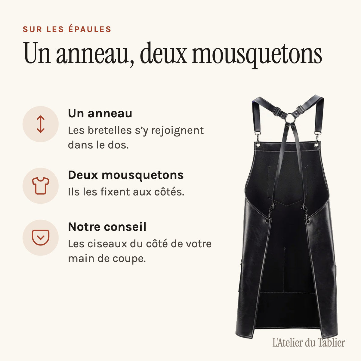 Tablier coiffeur barbier noir, à poches pour ciseaux, vu de dos, bretelles reliées par un anneau