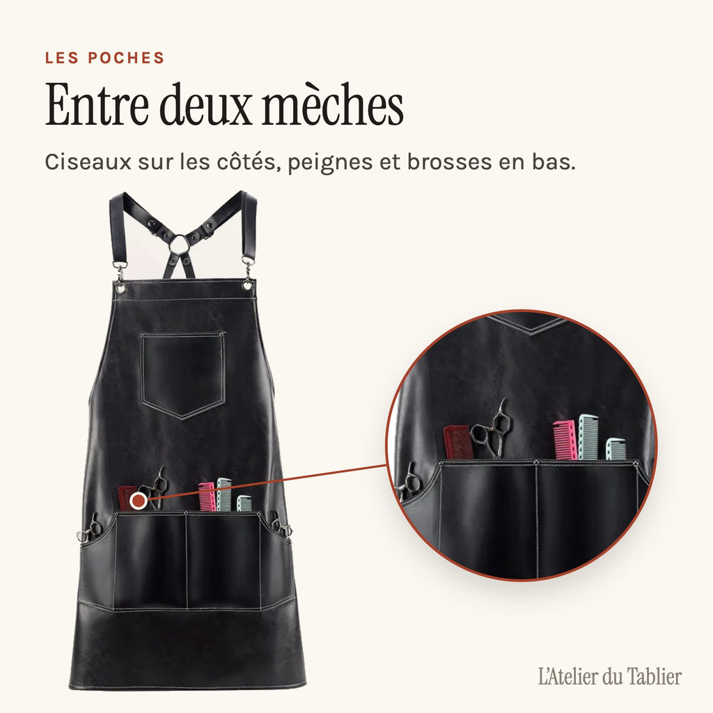 Tablier coiffeur barbier noir, à poches pour ciseaux, poches à ciseaux et à peignes