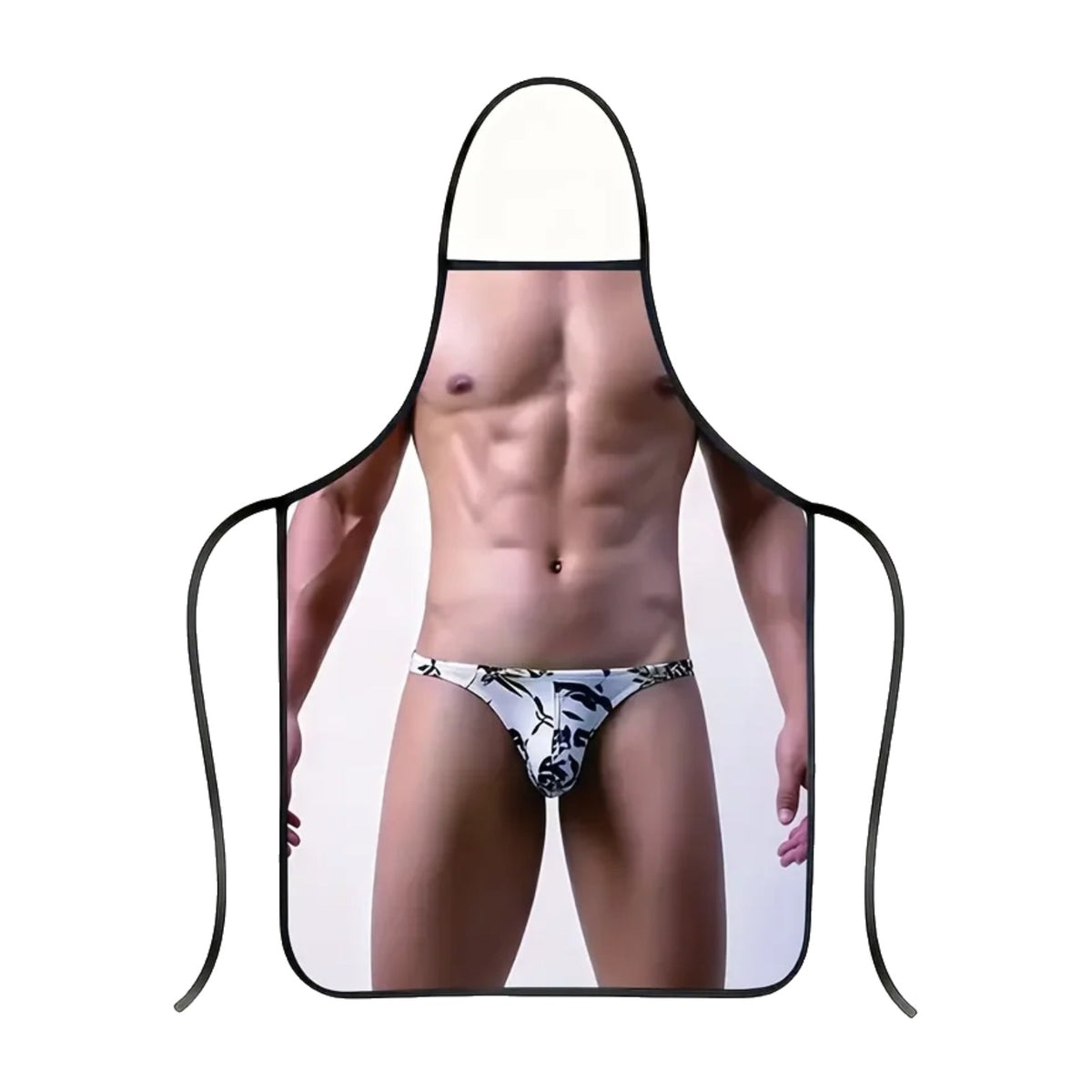 Tablier coquin, corps d’homme en string imprimé, de face