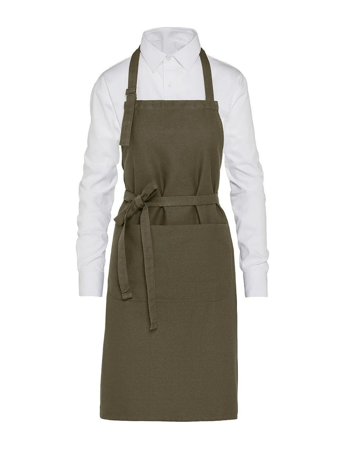 Tablier coton vert olive, vu de face