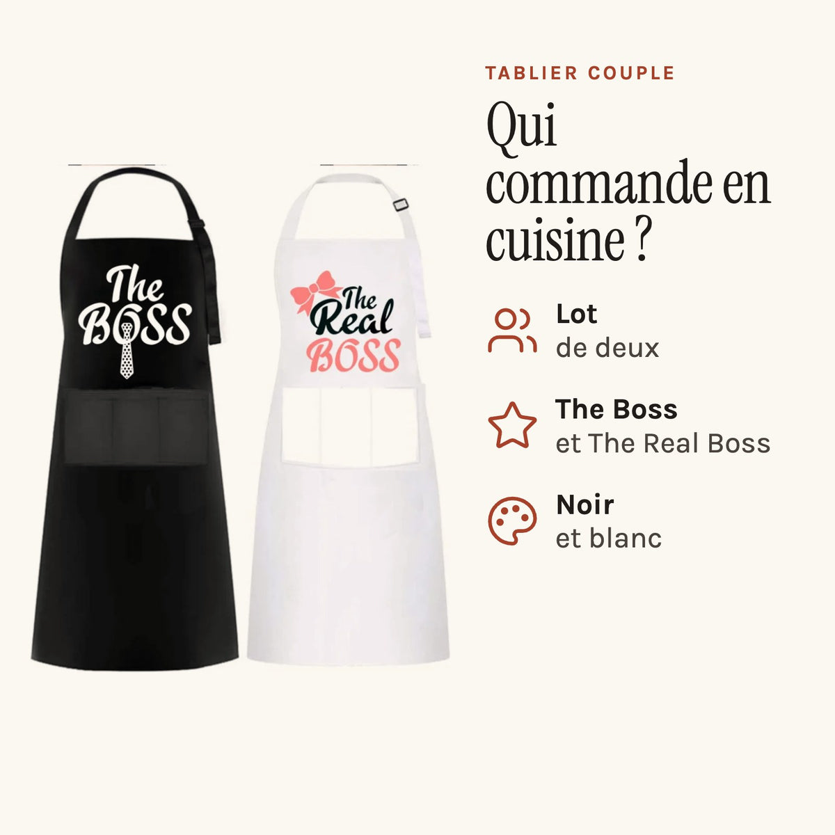 Tablier couple « The Boss » et « The Real Boss », le lot de deux, pour cuisiner à deux