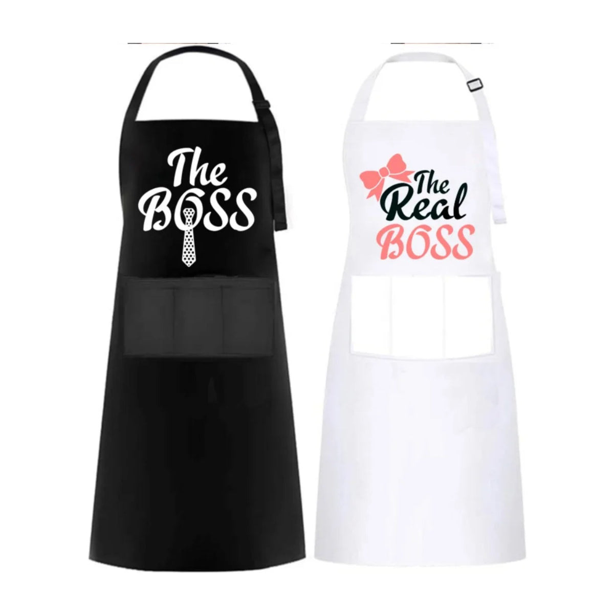 Tablier couple « The Boss » et « The Real Boss », le lot de deux, noir et blanc