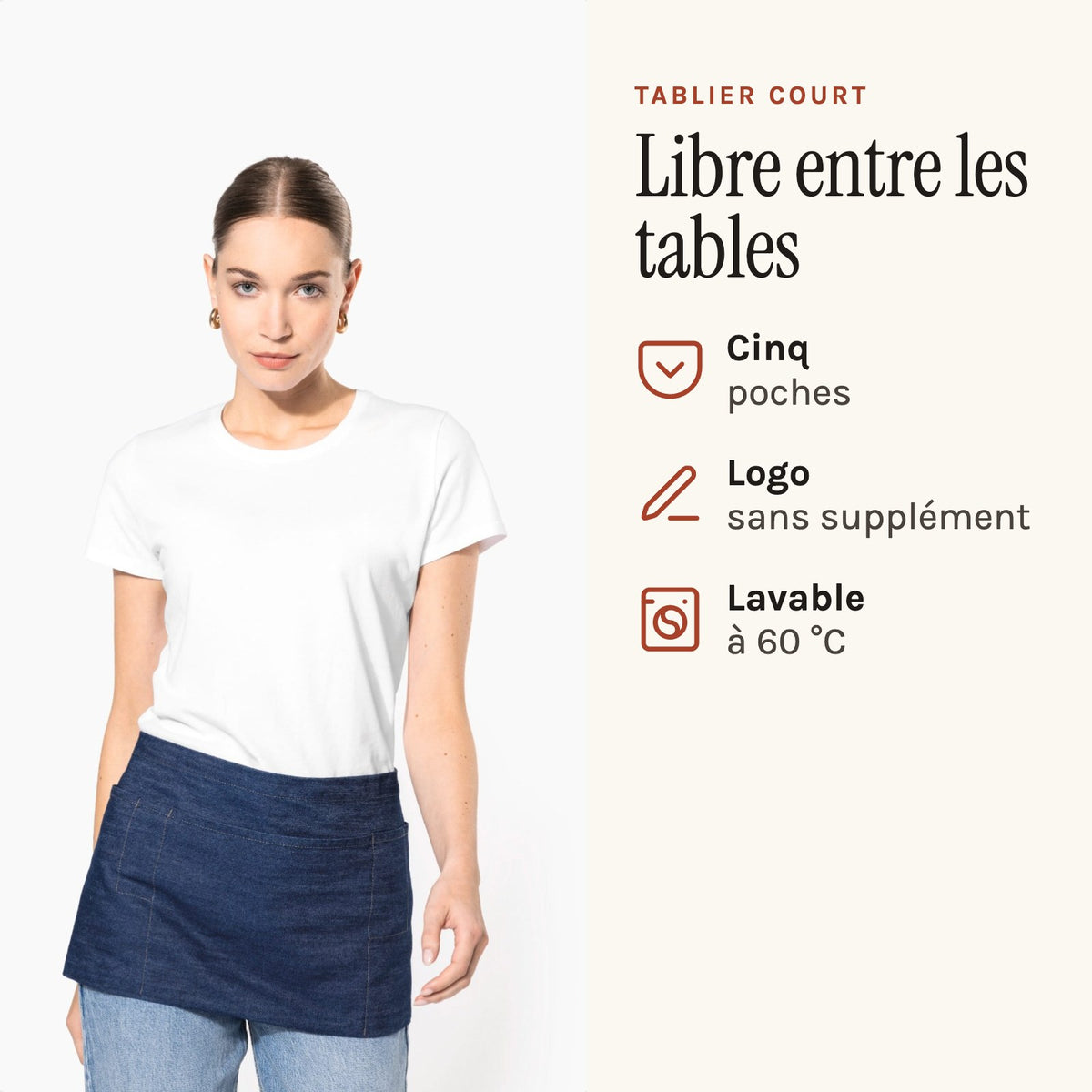 Tablier court personnalisé, à cinq poches, jean, porté de face