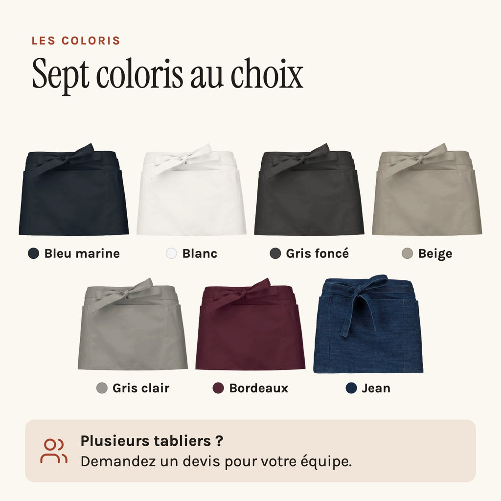 Tablier court personnalisé, à cinq poches, les sept coloris