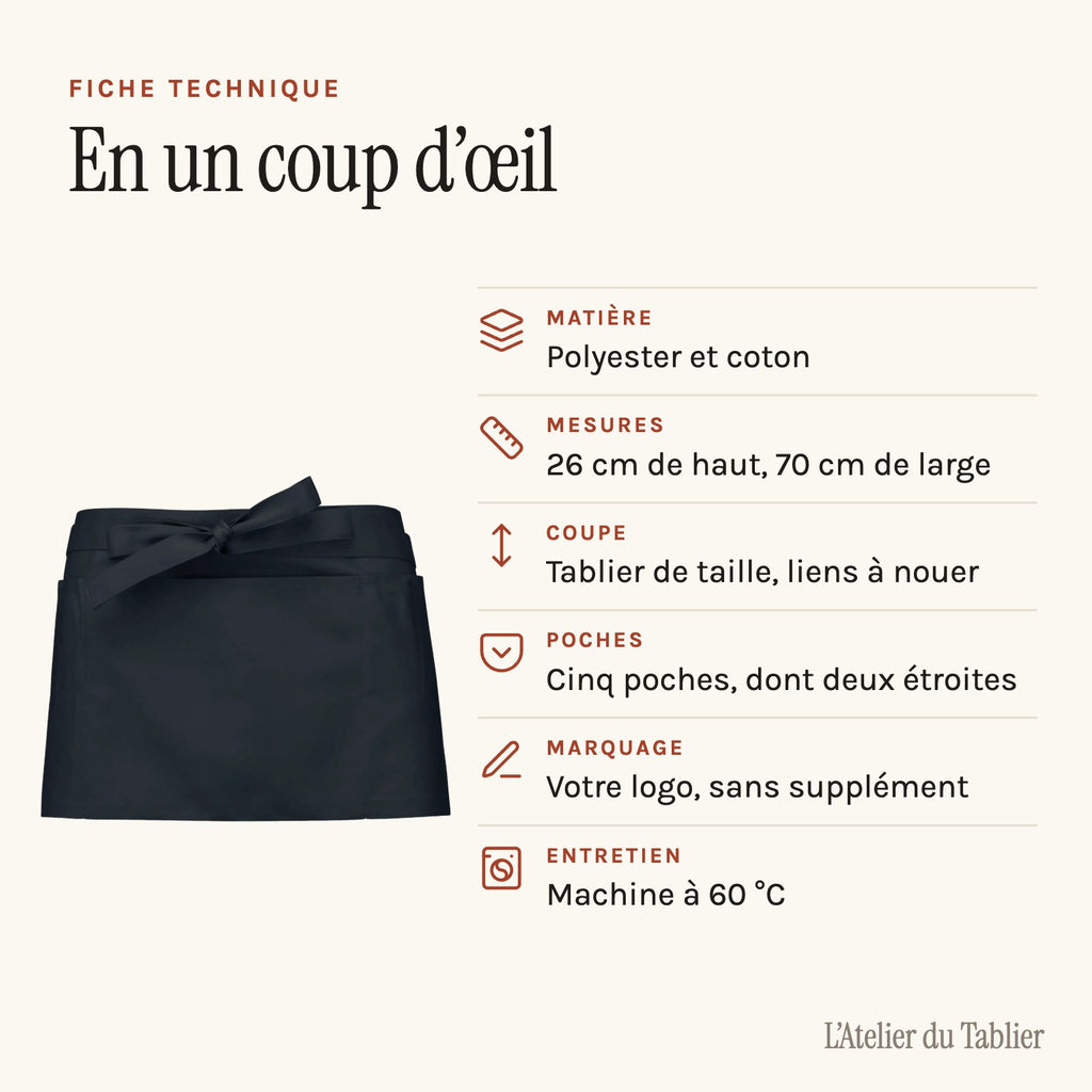 Tablier court personnalisé, à cinq poches, fiche technique
